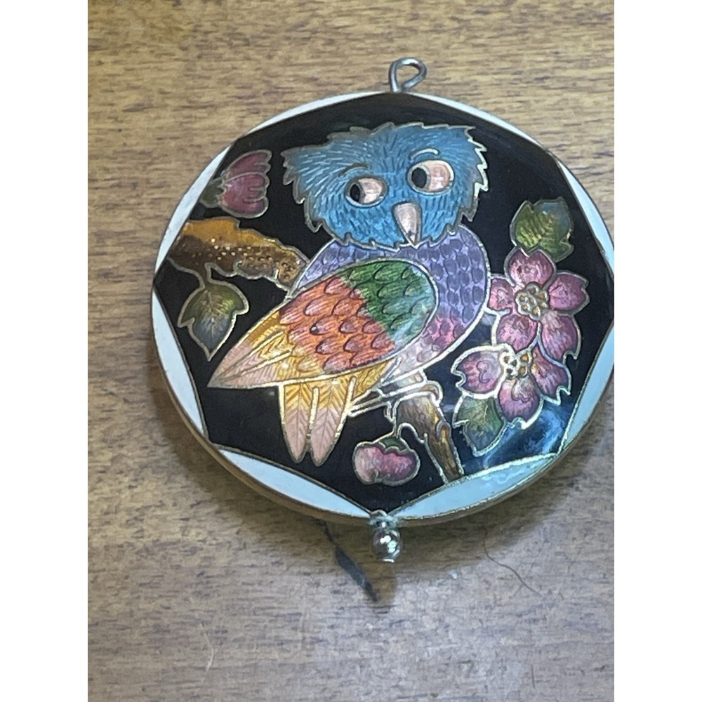 Vtg  Cloisonne Double Sided Enamel Owl Pendant 2"
